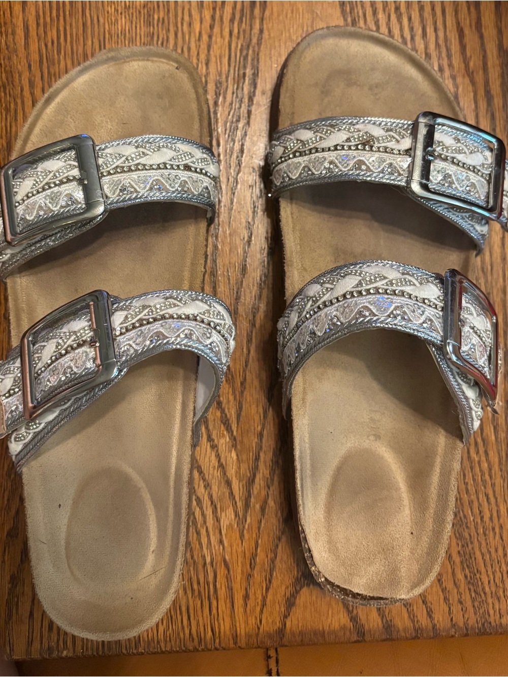 Women's Silver Double-Strap Buckle Slide Sandals